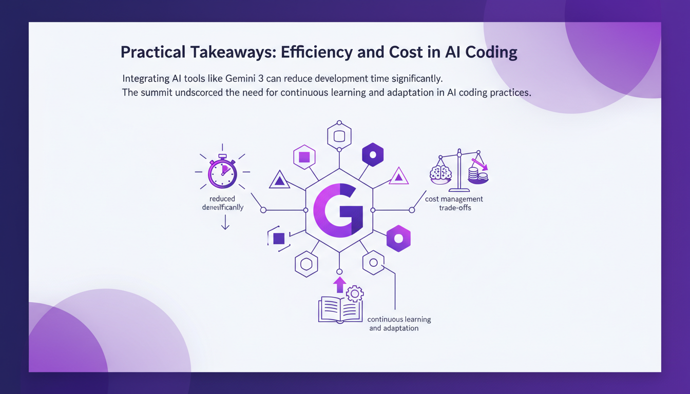 Illustration moderne montrant l'efficacité et le coût dans le codage AI avec des outils comme Gemini 3, soulignant l'importance de l'apprentissage continu.