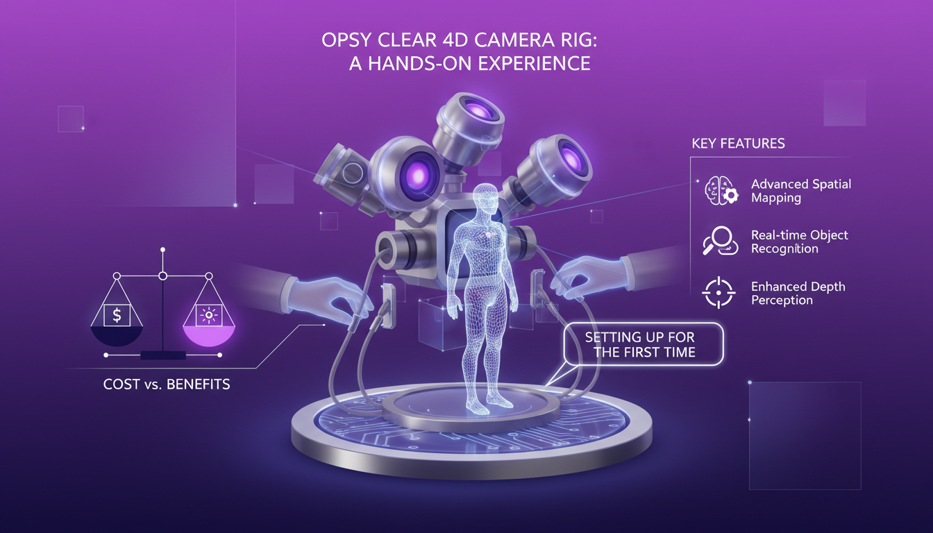 Illustration moderne de la caméra 4D Opsy Clear, mise en place pratique avec rig minimaliste, indigo, violet et blanc.