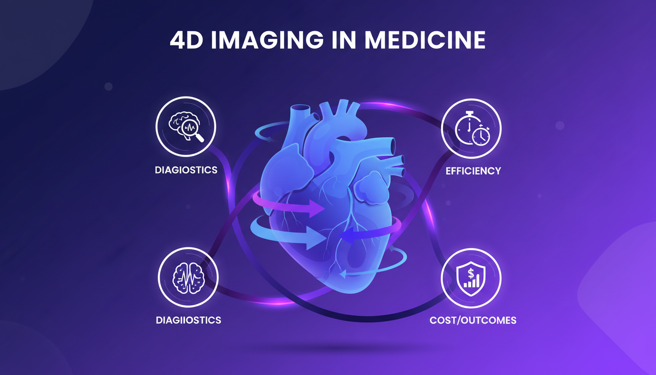 Illustration moderne de l'imagerie 4D en médecine, montrant des diagnostics avancés, gains d'efficacité et implications financières.