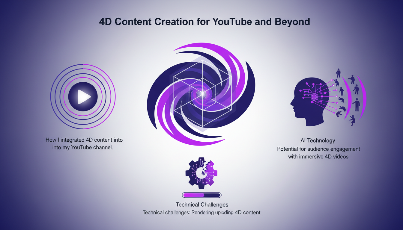 Illustration moderne de création de contenu 4D pour YouTube, intégrant des formes géométriques et des dégradés violets, symbolisant l'innovation technologique.