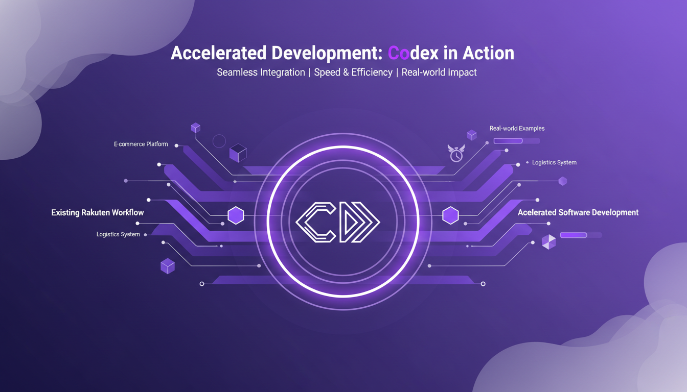 Modern illustration of Codex in action, seamlessly integrating into Rakuten's workflow, accelerating software development.
