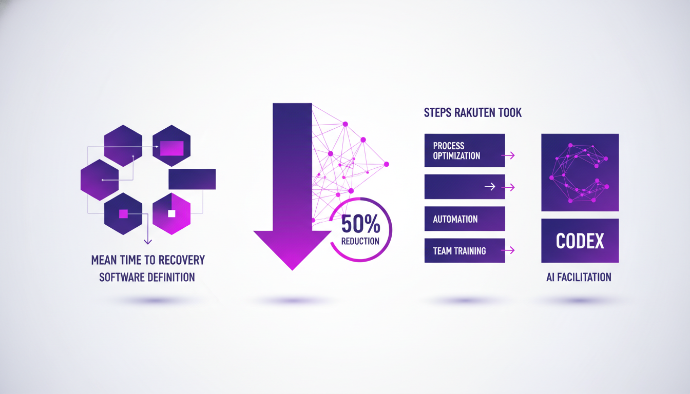Modern illustration of 50% reduction in Mean Time to Recovery, featuring geometric shapes and violet gradients, related to AI technology.