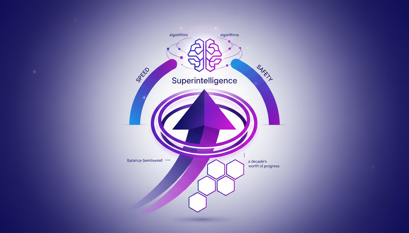 Modern illustration of accelerating AI progress and superintelligence, highlighting key concepts and cutting-edge algorithms, minimalist style.