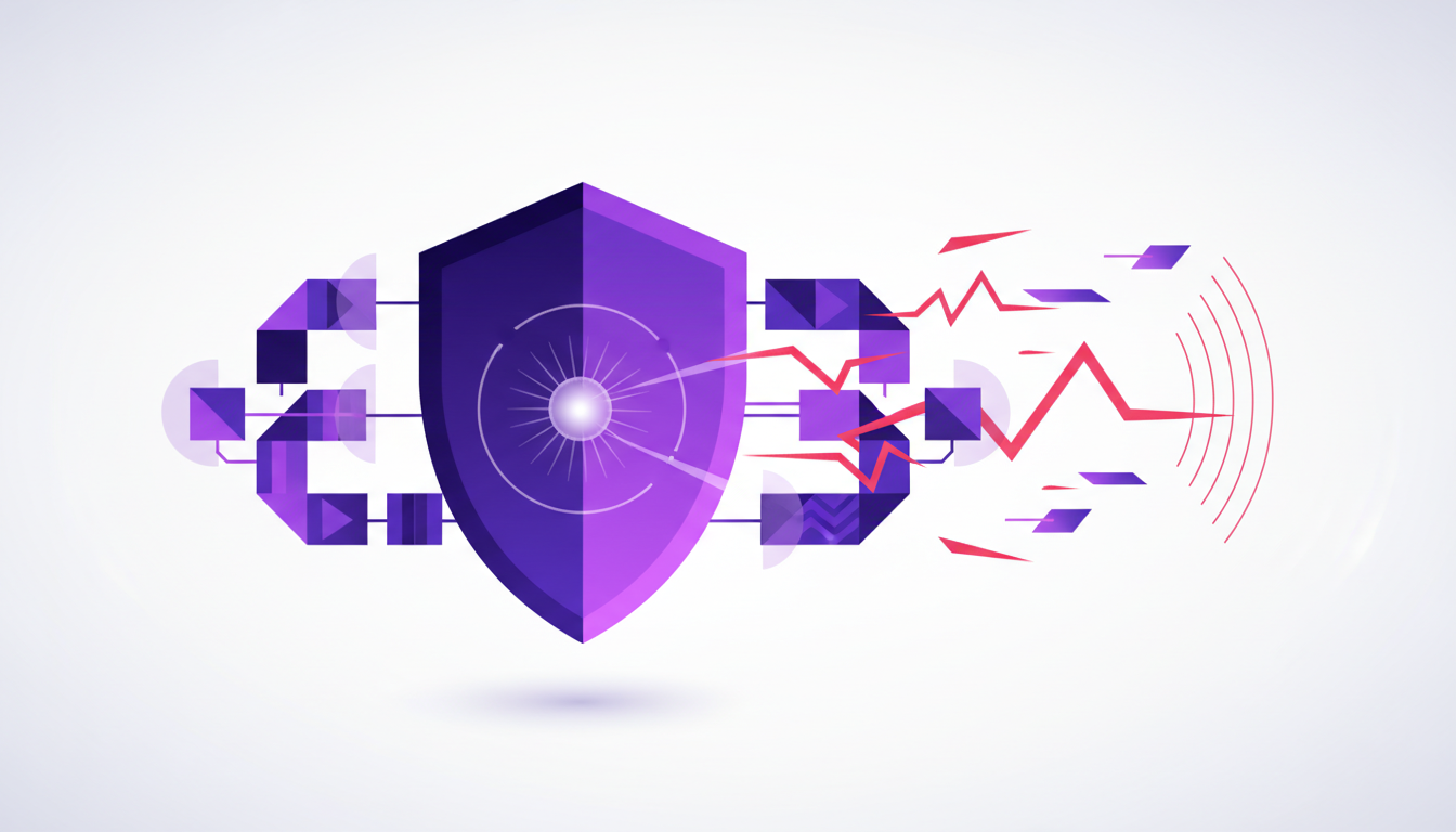 Modern illustration of resilience and defense against AI threats, featuring geometric shapes and indigo colors.
