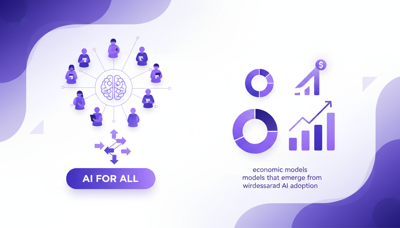 Modern illustration of AI democratization and economic implications, featuring geometric shapes and indigo-violet gradients.