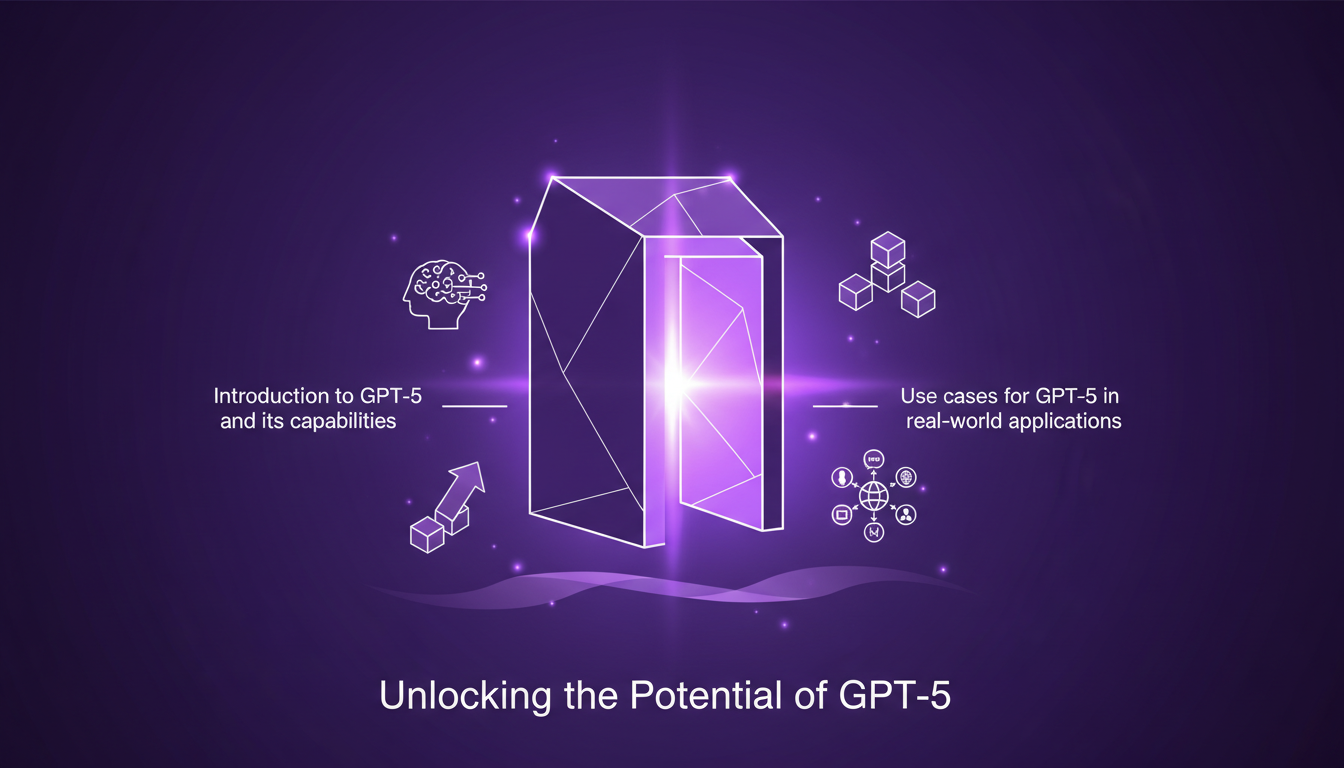 Modern minimalist illustration of GPT-5 AI, highlighting its capabilities and applications in an innovative design with indigo and violet colors.