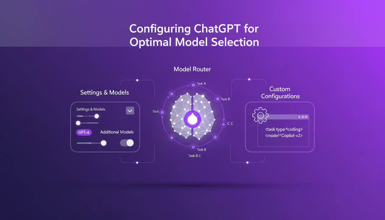 Modern illustration of configuring ChatGPT for optimal model selection with geometric shapes and violet gradients.