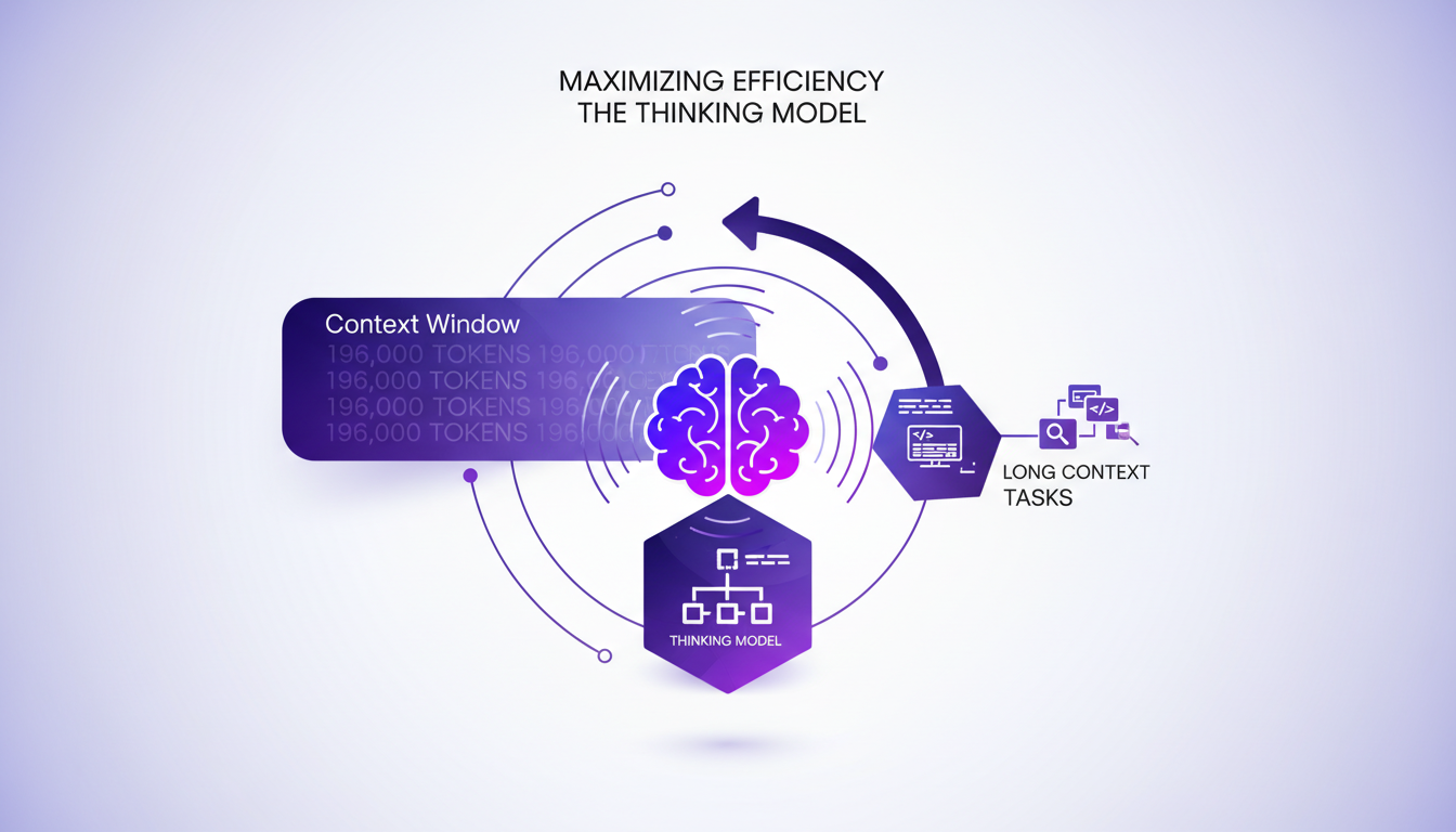 Modern minimalist illustration on maximizing efficiency with the Thinking Model, featuring geometric shapes and gradient overlays in deep indigo and violet.