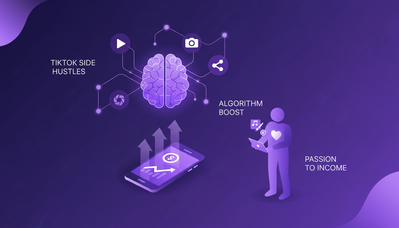 Modern illustration on leveraging social media for income with TikTok, algorithms, and monetized passion project, in minimalist style.