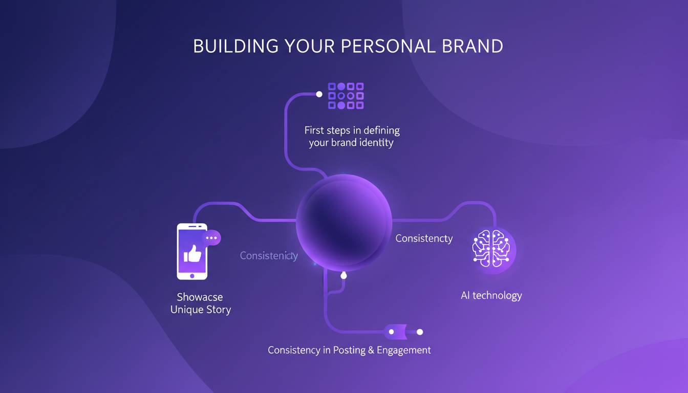 Modern illustration of personal brand building with AI tech, geometric shapes, and indigo-violet gradients.