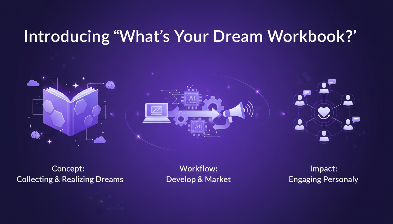 Modern illustration of 'What's Your Dream Workbook', featuring geometric shapes and violet gradients, symbolizing dream realization.