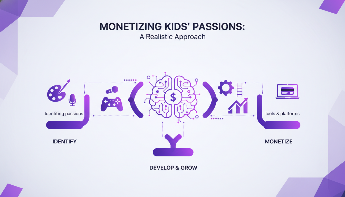 Modern illustration depicting monetizing kids' passions with geometric shapes and violet gradients, highlighting realistic approaches.