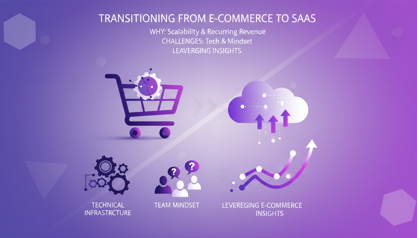 Illustration moderne sur la transition de l'e-commerce au SaaS, mettant en avant la scalabilité et les revenus récurrents, avec des formes géométriques.
