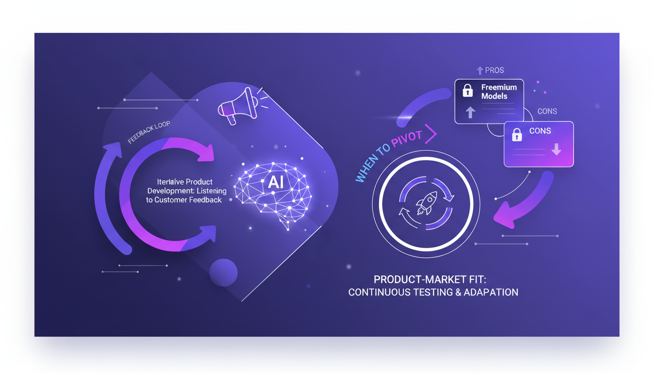Illustration moderne de développement produit et adéquation marché avec formes géométriques et dégradés indigo, violet, blanc.