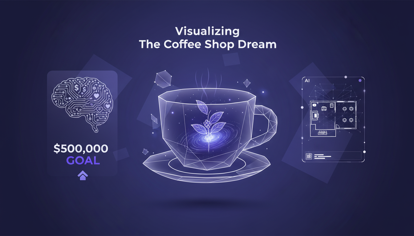 Modern minimalist illustration of a coffee shop dream, highlighting emotional and financial aspects with a $500,000 target goal.