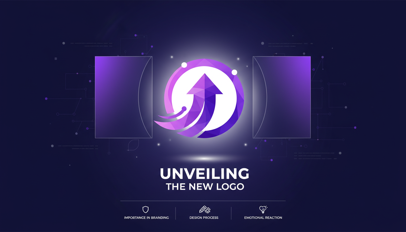 Modern illustration unveiling a new logo, highlighting branding importance with geometric shapes and indigo gradients, evoking innovation.