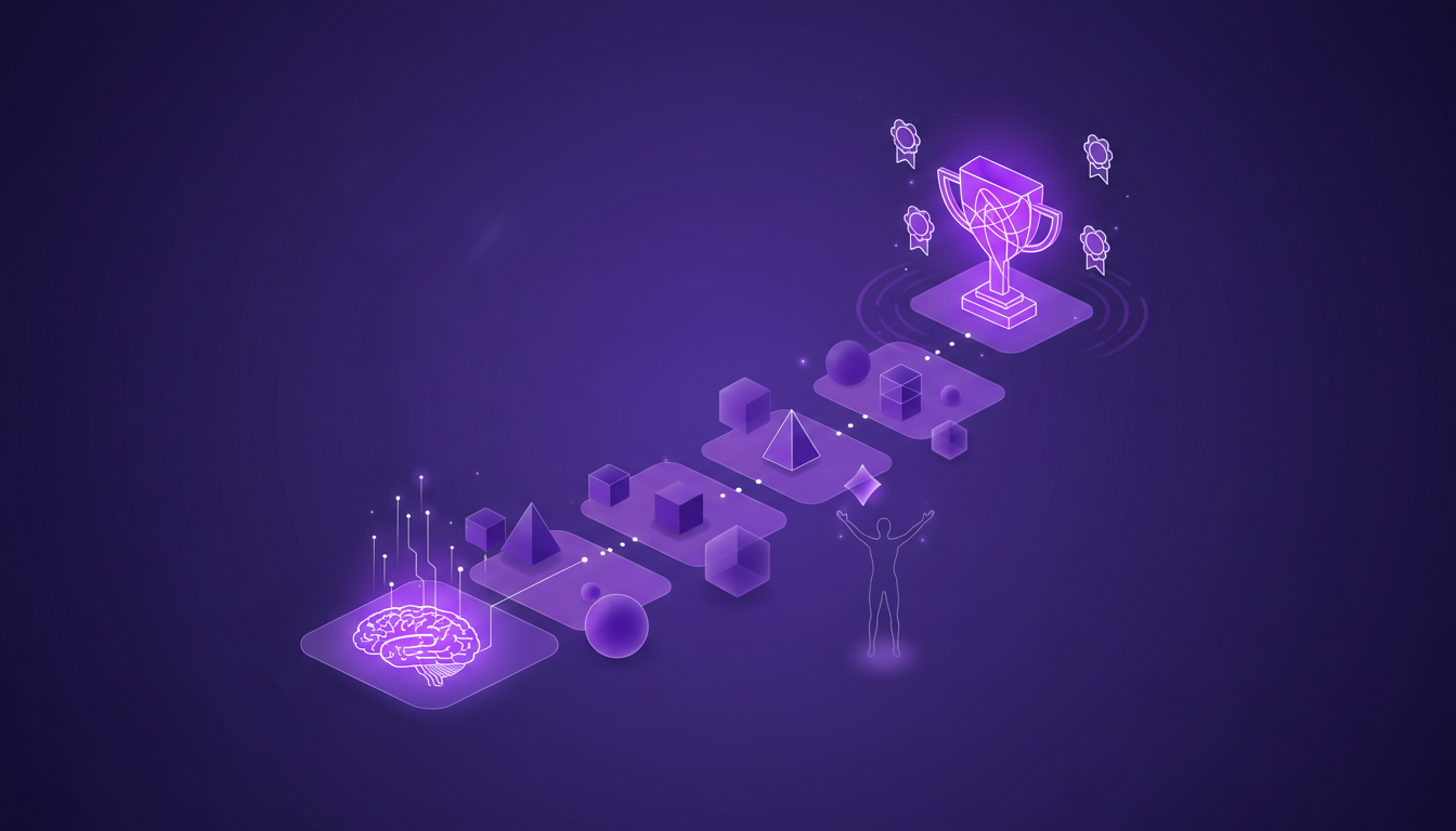 Modern minimalist illustration depicting the emotional impact of achieving a dream, featuring geometric shapes and indigo-violet gradients.