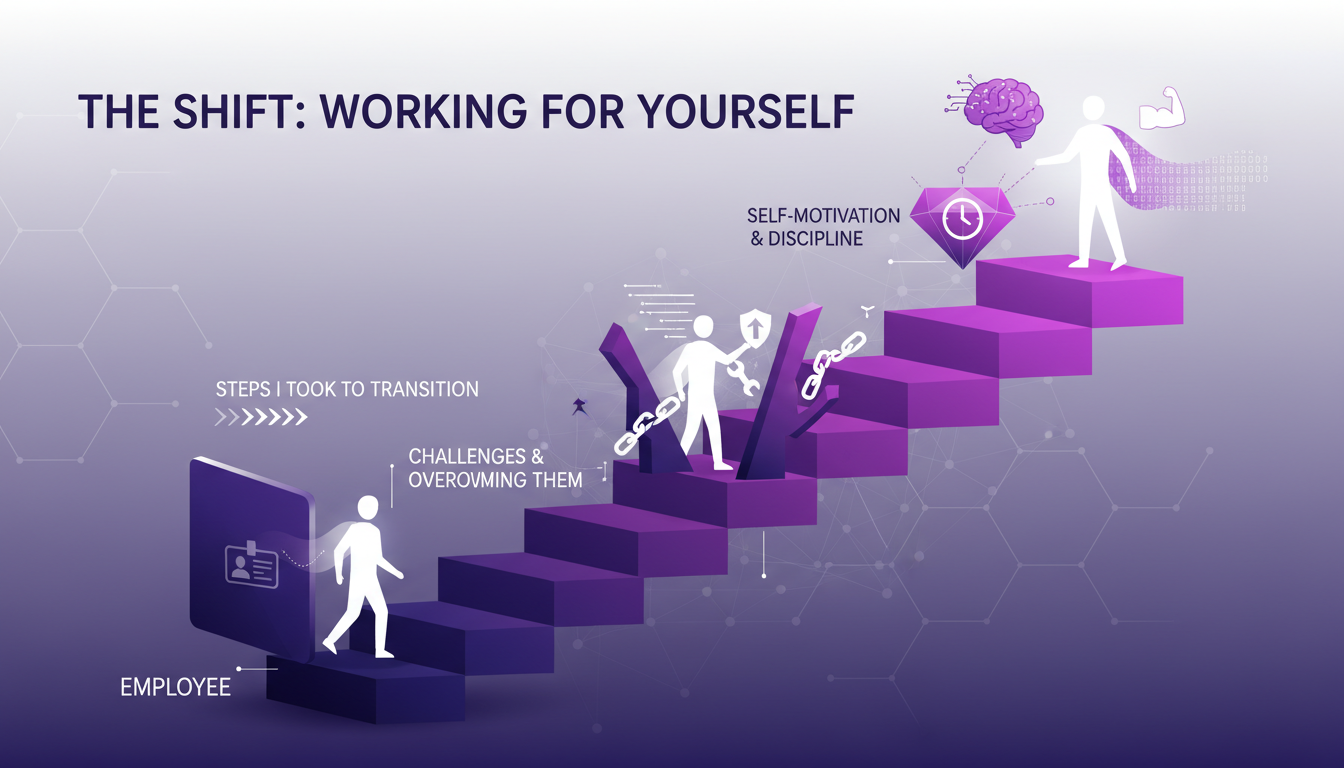 Illustration moderne de la transition vers l'entrepreneuriat, mettant en avant la motivation et la discipline avec des formes géométriques.