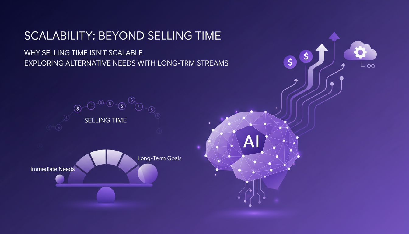 Illustration moderne sur l'évolutivité, au-delà de la vente de temps, avec formes géométriques et dégradés indigo et violet, technologie IA.