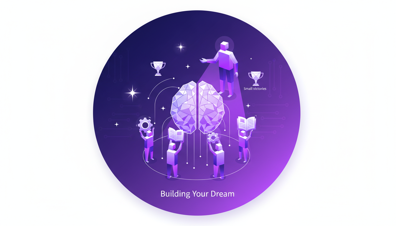 Illustration moderne de mentorat et communauté soutenant la réalisation de rêves avec des formes géométriques et dégradés violets.