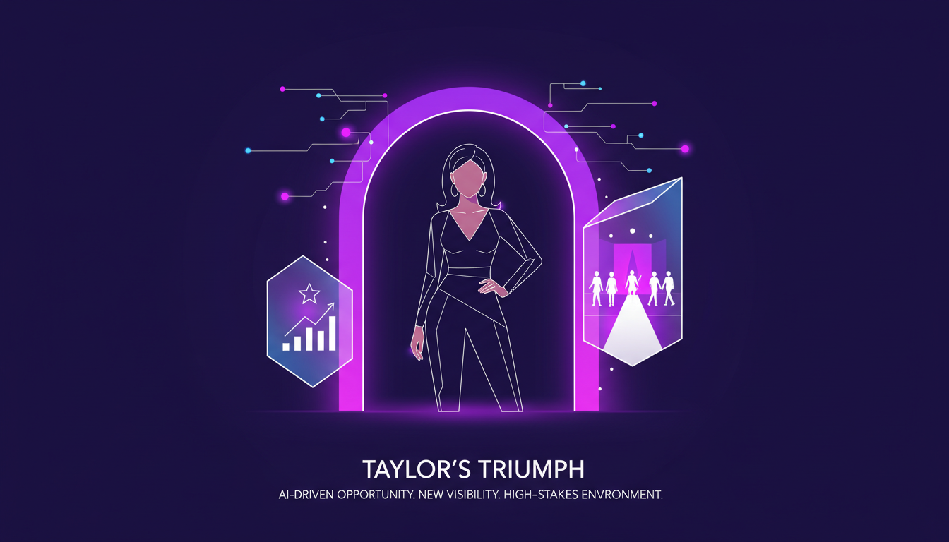 Modern minimalist illustration of a Victoria's Secret shoot, symbolizing Taylor's inclusion and career breakthrough, with indigo and violet gradients.