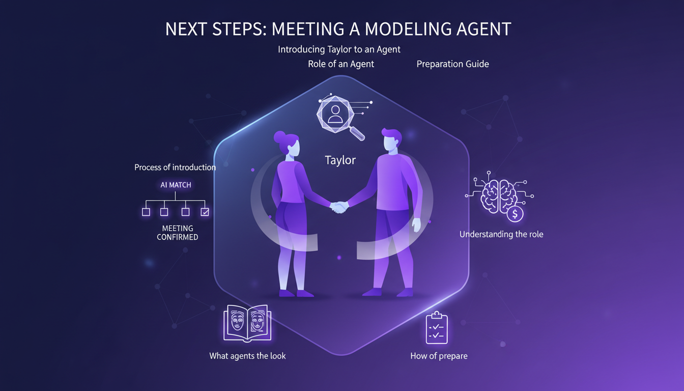 Modern illustration of Taylor meeting a modeling agent, highlighting the agent's crucial role in a model's career.