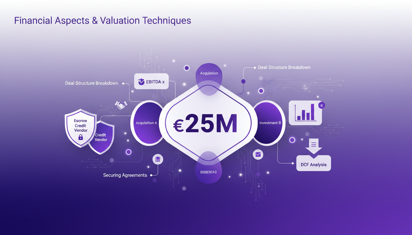 Modern illustration of financial valuation techniques with geometric shapes, soft shadows, and indigo-violet gradients.