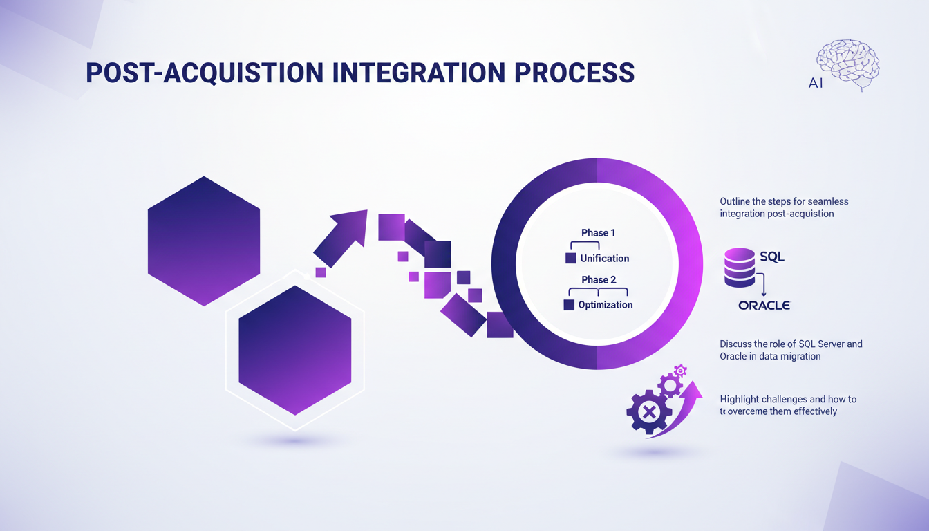 Modern illustration of post-acquisition integration process with SQL Server and Oracle, challenges and solutions, indigo and violet colors.