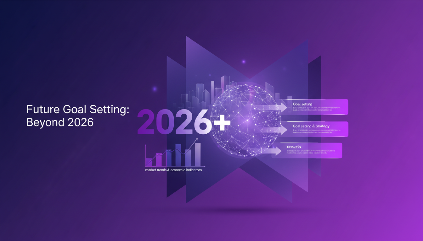 Illustration moderne de la fixation d'objectifs futurs au-delà de 2026, intégrant des tendances du marché et indicateurs économiques, couleurs indigo et violet