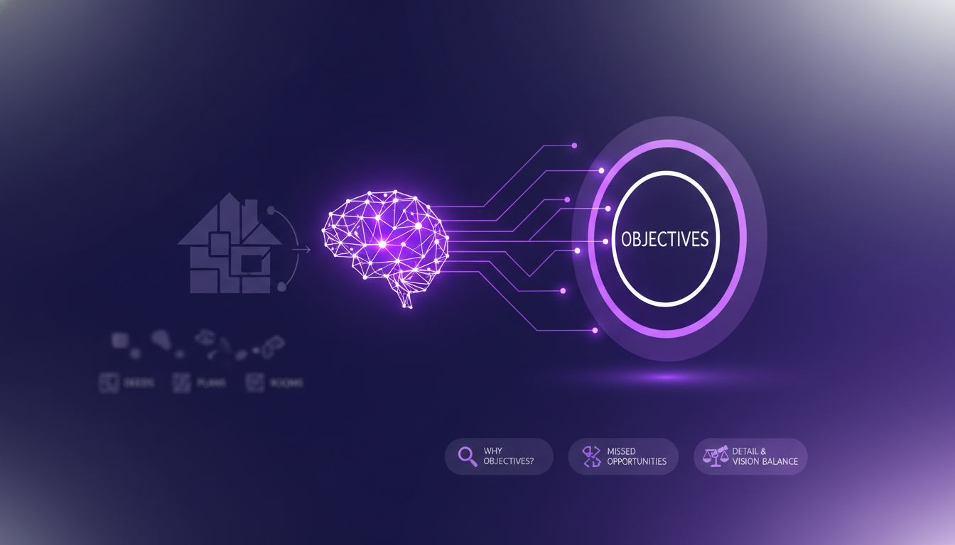 Illustration moderne minimaliste montrant l'importance des objectifs sur les détails des propriétés, avec des formes géométriques et couleurs violettes