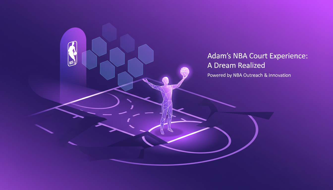 Modern illustration of Adam playing on an NBA court, fulfilling his dream through NBA outreach, in a minimalist style.