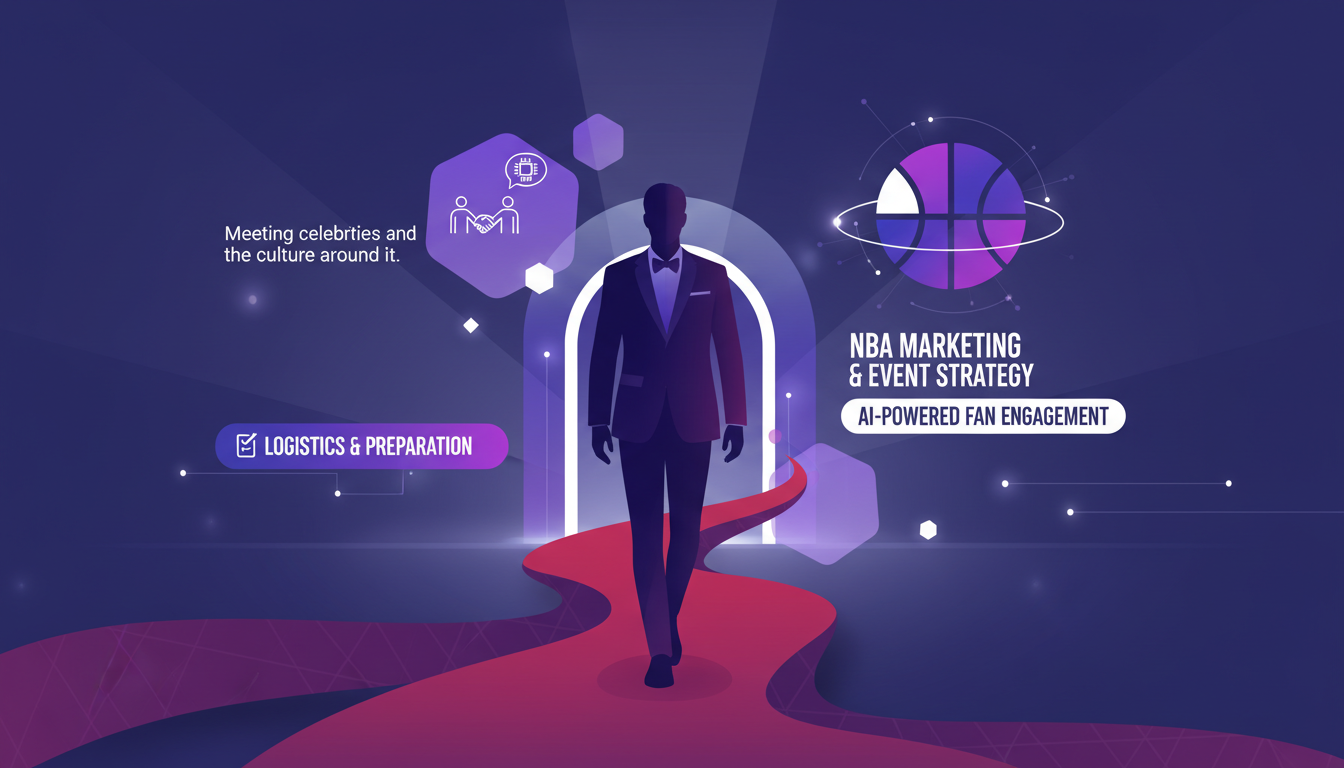 Modern minimalist illustration of a celebrity experience on the NBA red carpet, featuring geometric shapes and violet gradients.