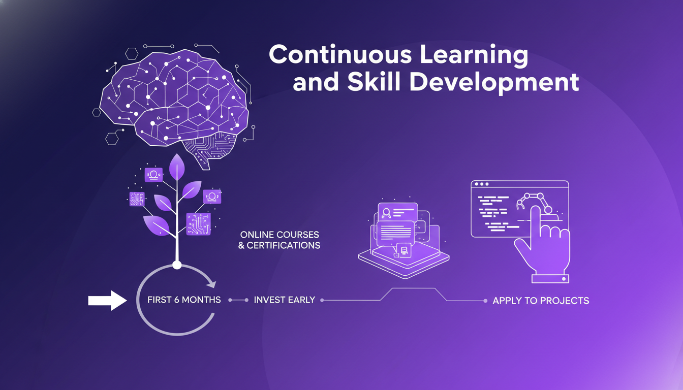 Illustration moderne sur l'apprentissage continu et le développement des compétences, avec formes géométriques et dégradés violets, pour un blog sur la technologie IA.