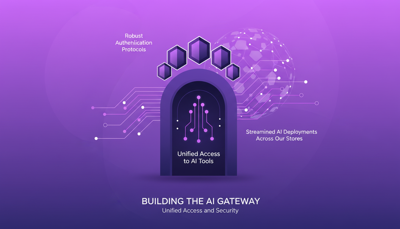 Illustration moderne du portail AI avec accès unifié et sécurité, utilisant des formes géométriques et des dégradés indigo et violet.