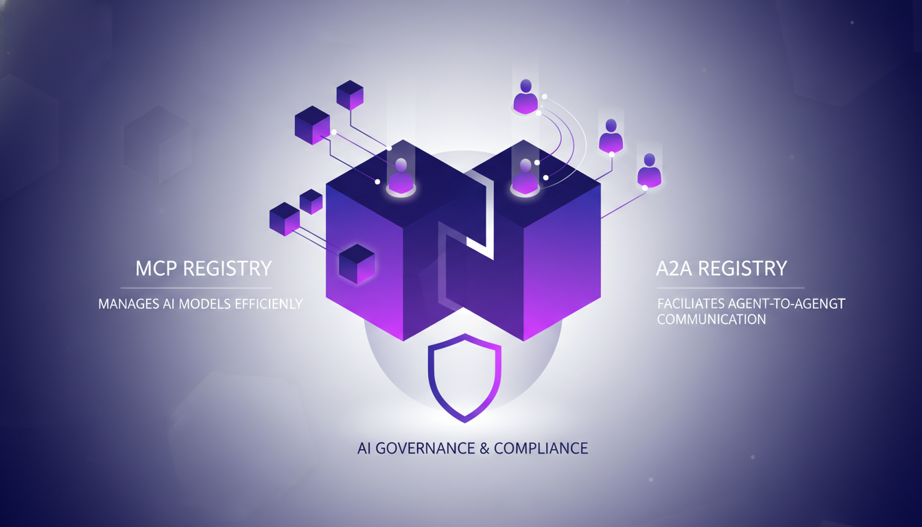 Illustration moderne de l'infrastructure des registres MCP et A2A pour la gestion et communication des modèles IA.