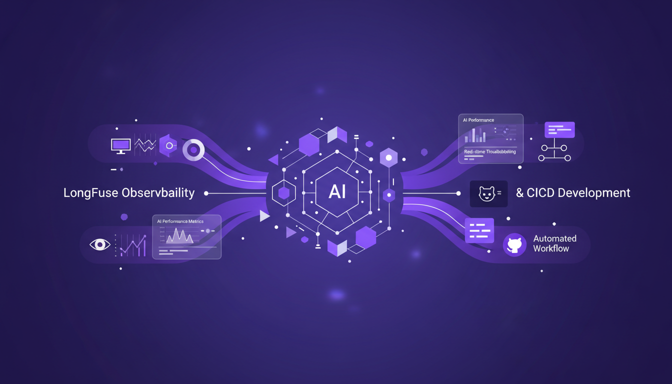 Illustration moderne intégrant LongFuse pour l'observabilité des processus IA, utilisant des pipelines CICD et des modèles GitHub.