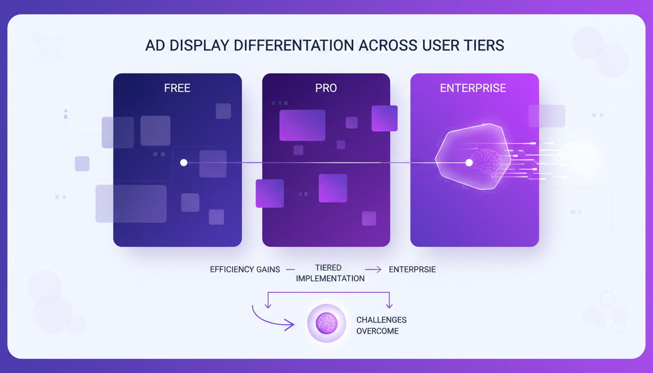 Modern illustration of ad display differentiation across user tiers, highlighting efficiency and challenges, with AI tech elements.
