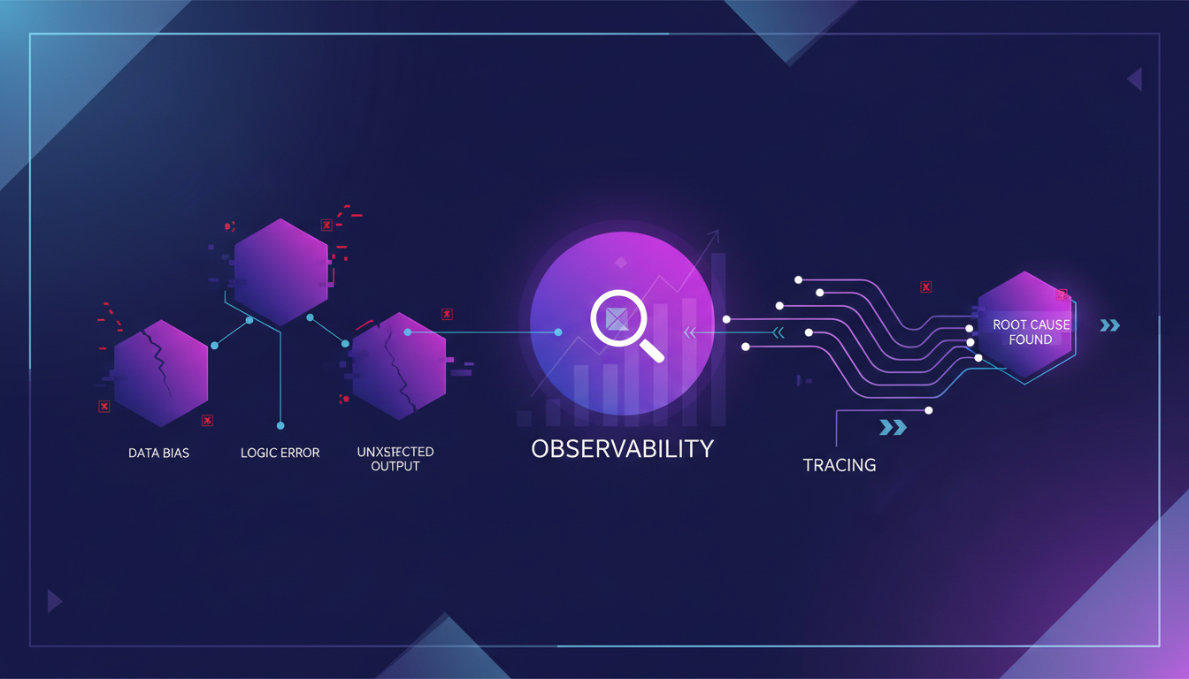 Modern illustration of debugging AI agents, highlighting common challenges and observability with geometric shapes in indigo hues.