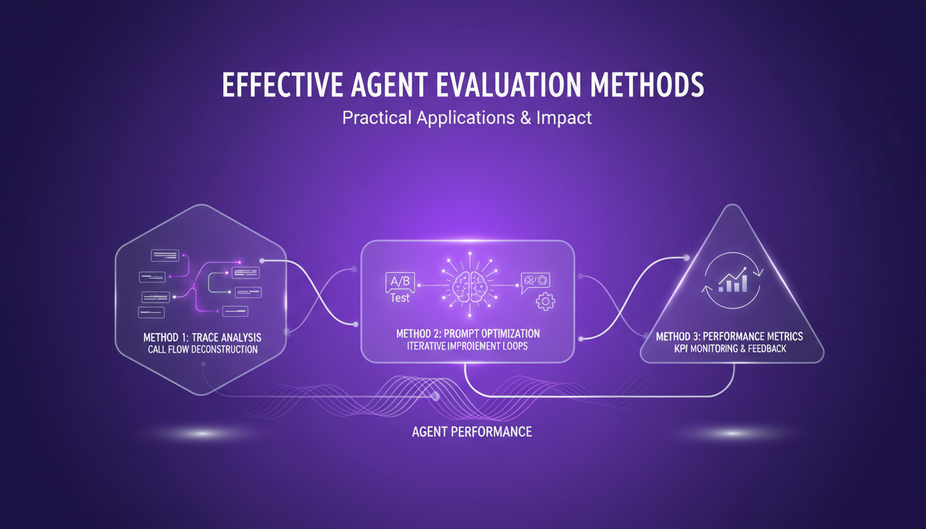 Modern illustration of agent evaluation methods with geometric shapes and gradients, symbolizing assessment and optimization.