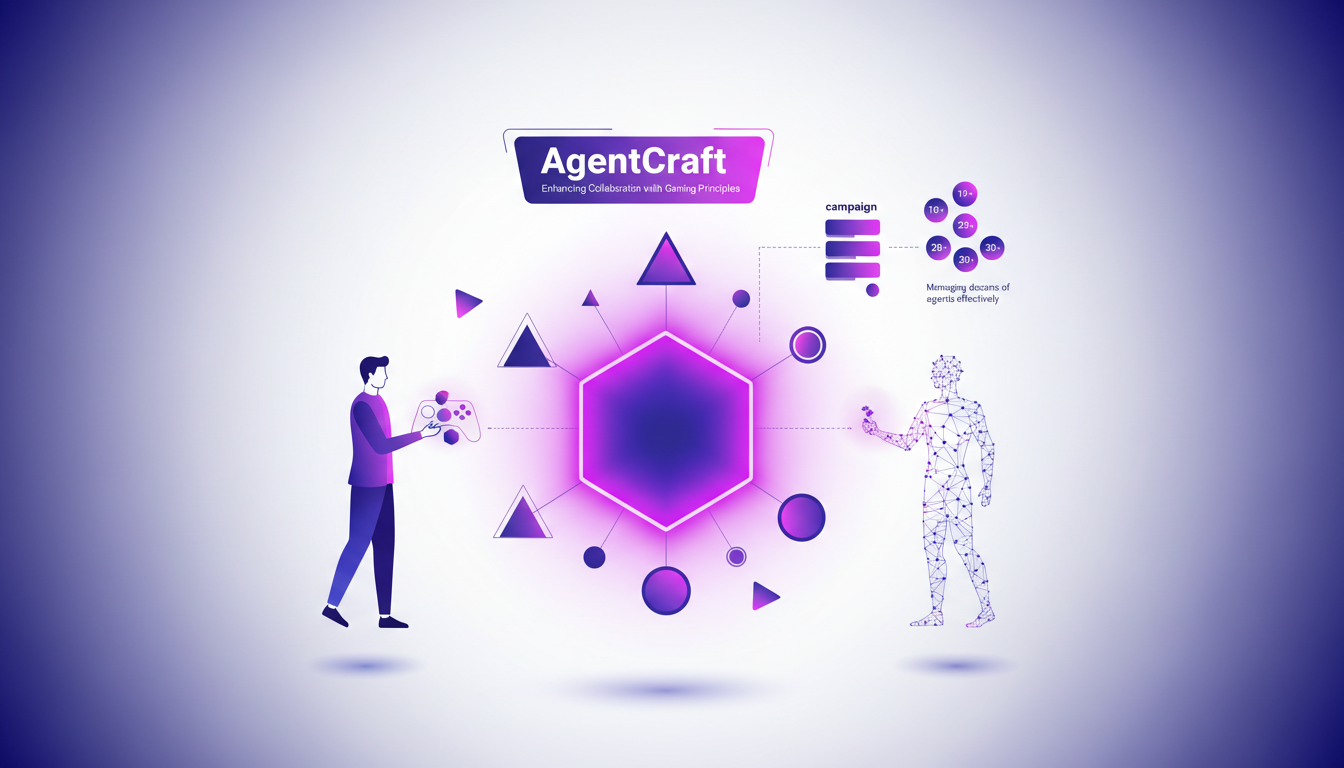 Modern illustration of enhanced collaboration with gaming principles, featuring geometric shapes and violet gradients.