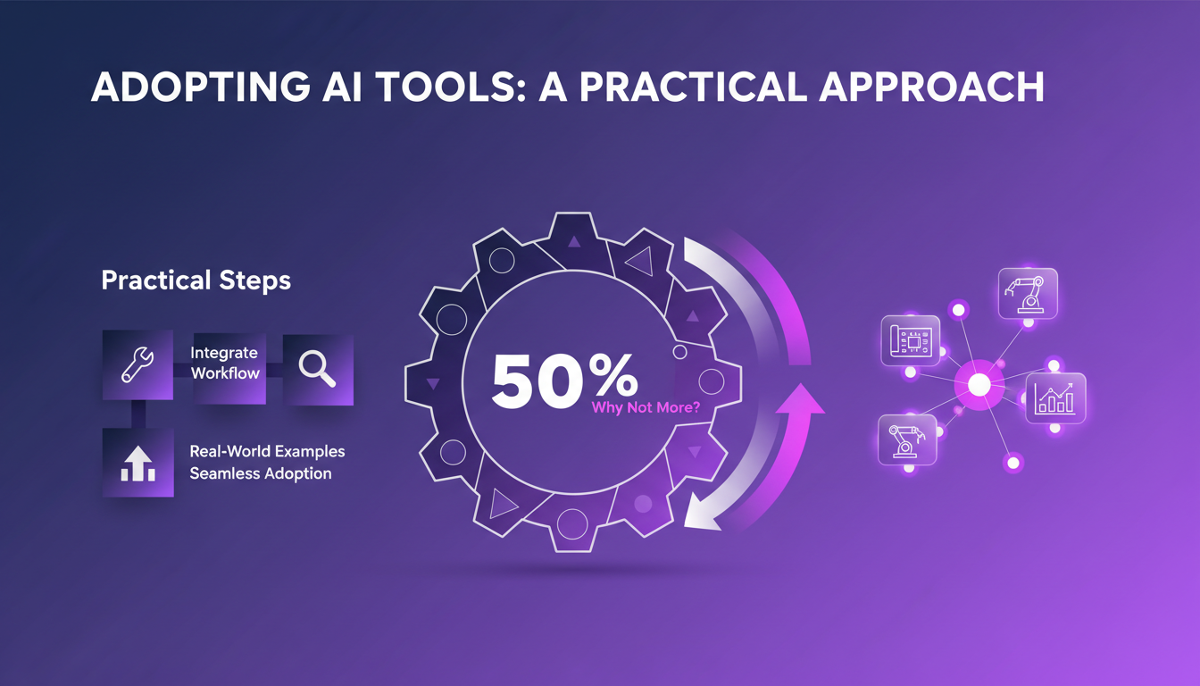 Illustration moderne d'ingénieurs intégrant des outils IA, montrant 50% d'utilisation régulière, avec étapes pratiques et exemples réels.