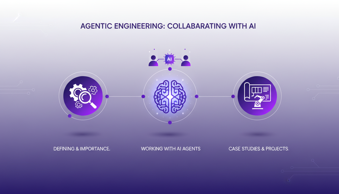 Illustration moderne de l'ingénierie agentique collaborant avec l'IA, utilisant des formes géométriques et des dégradés violets.