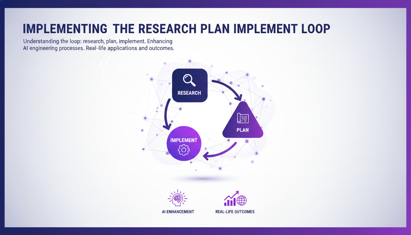 Illustration moderne du cycle recherche-plan-implémentation en IA, avec formes géométriques et dégradés indigo et violet.