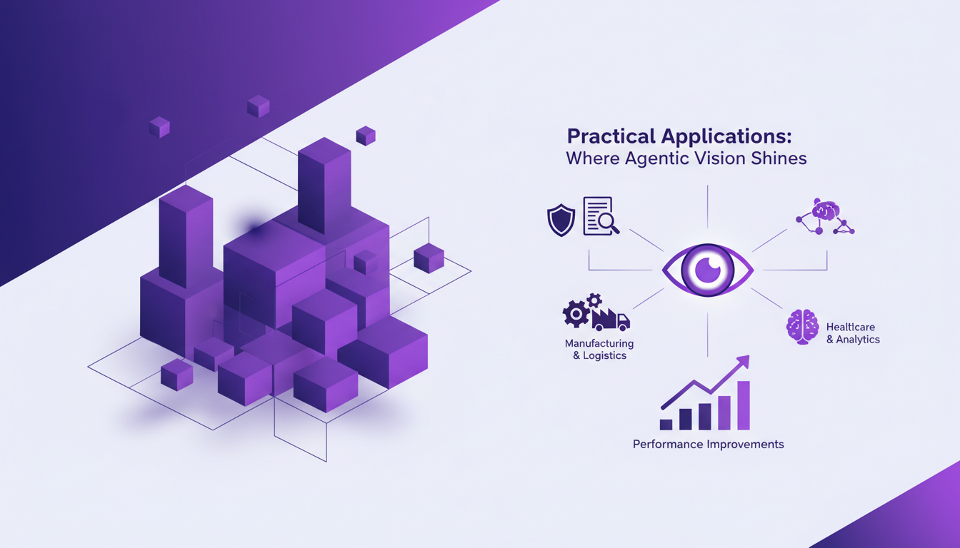 Modern illustration of agentic vision's practical applications in insurance, featuring geometric shapes and violet gradients.