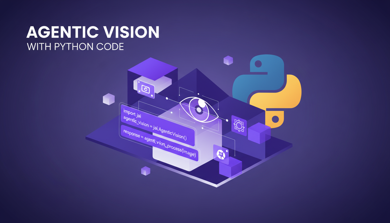 Modern illustration of integrating Agentic Vision with Python using jai library, featuring code snippets, geometric shapes, and gradient overlays.