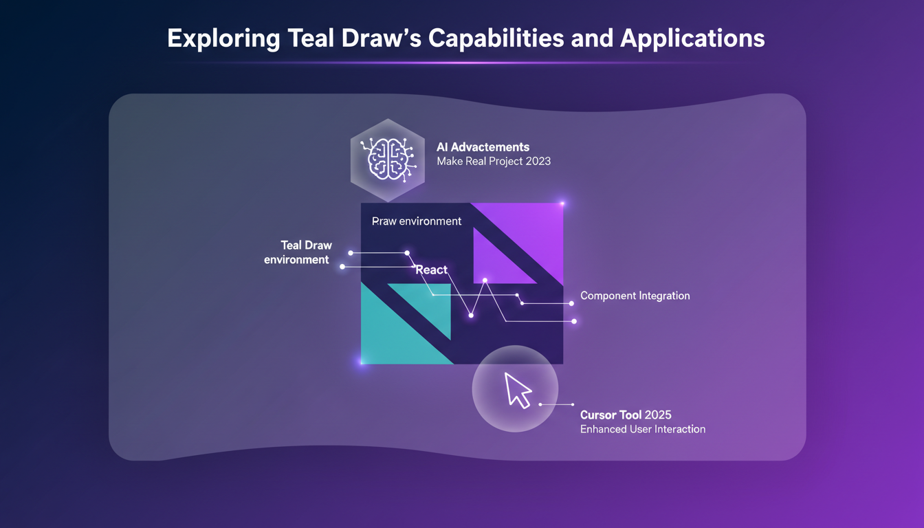 Modern illustration of exploring Teal Draw's capabilities with React integration, 2023 Make Real project, and 2025 cursor tool.