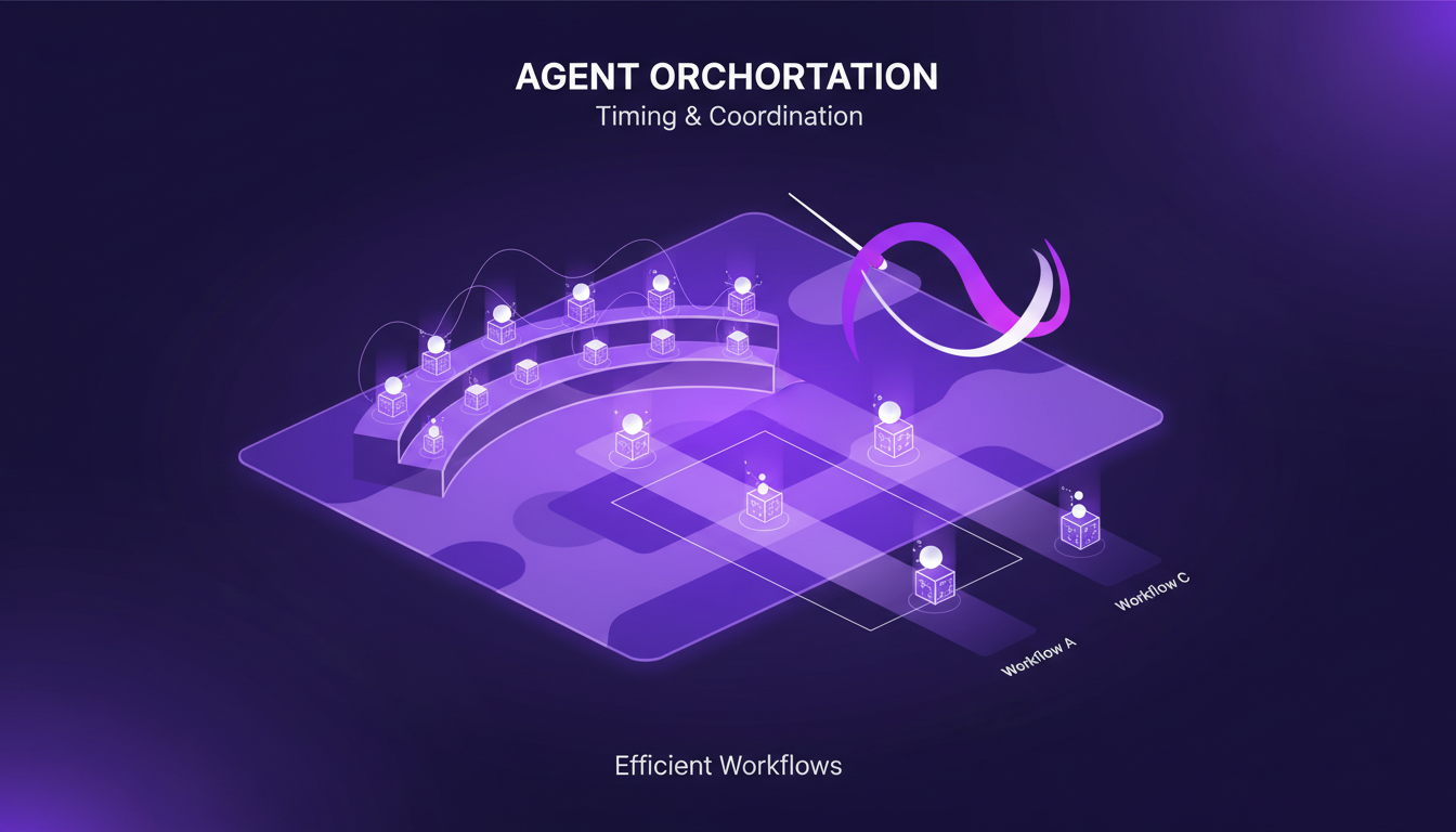 Modern illustration of agent orchestration on canvas, featuring geometric shapes and indigo-violet gradients to depict efficiency.