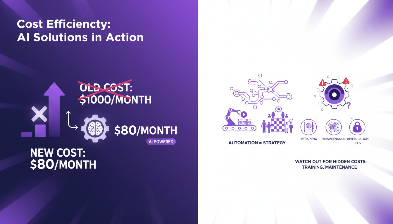 Modern illustration of AI solutions cutting training costs from $1000 to $80 monthly, featuring geometric shapes and gradient overlays.