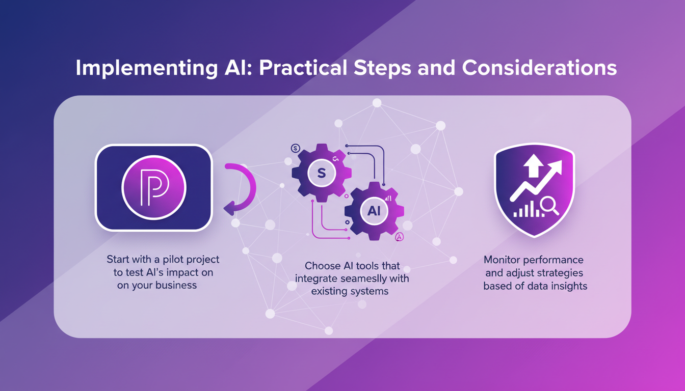 Modern minimalist illustration of AI implementation, depicting practical steps with geometric shapes and violet gradients.