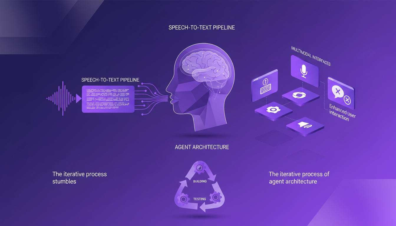 Illustration moderne sur la création interactive et interfaces multimodales, intégrant pipelines de reconnaissance vocale, technologie IA.